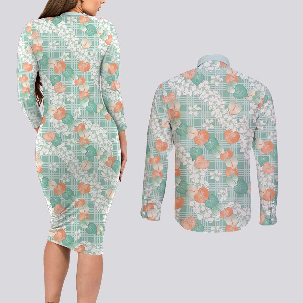 Anthurium Plumeria Lei Pastel Couples Matching Long Sleeve Bodycon Dress and Long Sleeve Button Shirt Teal Hawaiian Splendid Palaka LT01 - Polynesian Pride