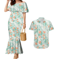 Anthurium Plumeria Lei Pastel Couples Matching Mermaid Dress and Hawaiian Shirt Teal Hawaiian Splendid Palaka LT01 Teal - Polynesian Pride