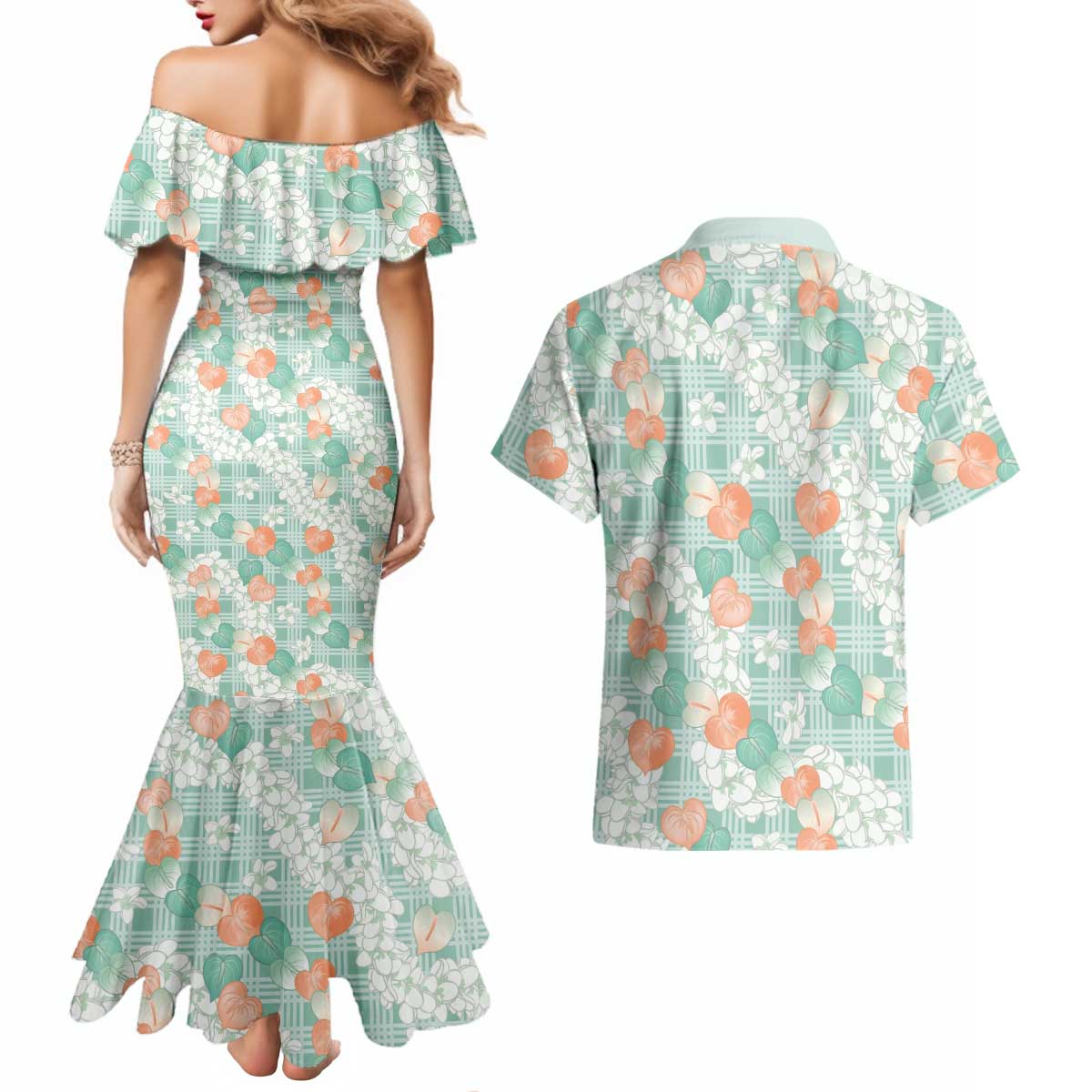 Anthurium Plumeria Lei Pastel Couples Matching Mermaid Dress and Hawaiian Shirt Teal Hawaiian Splendid Palaka LT01 - Polynesian Pride