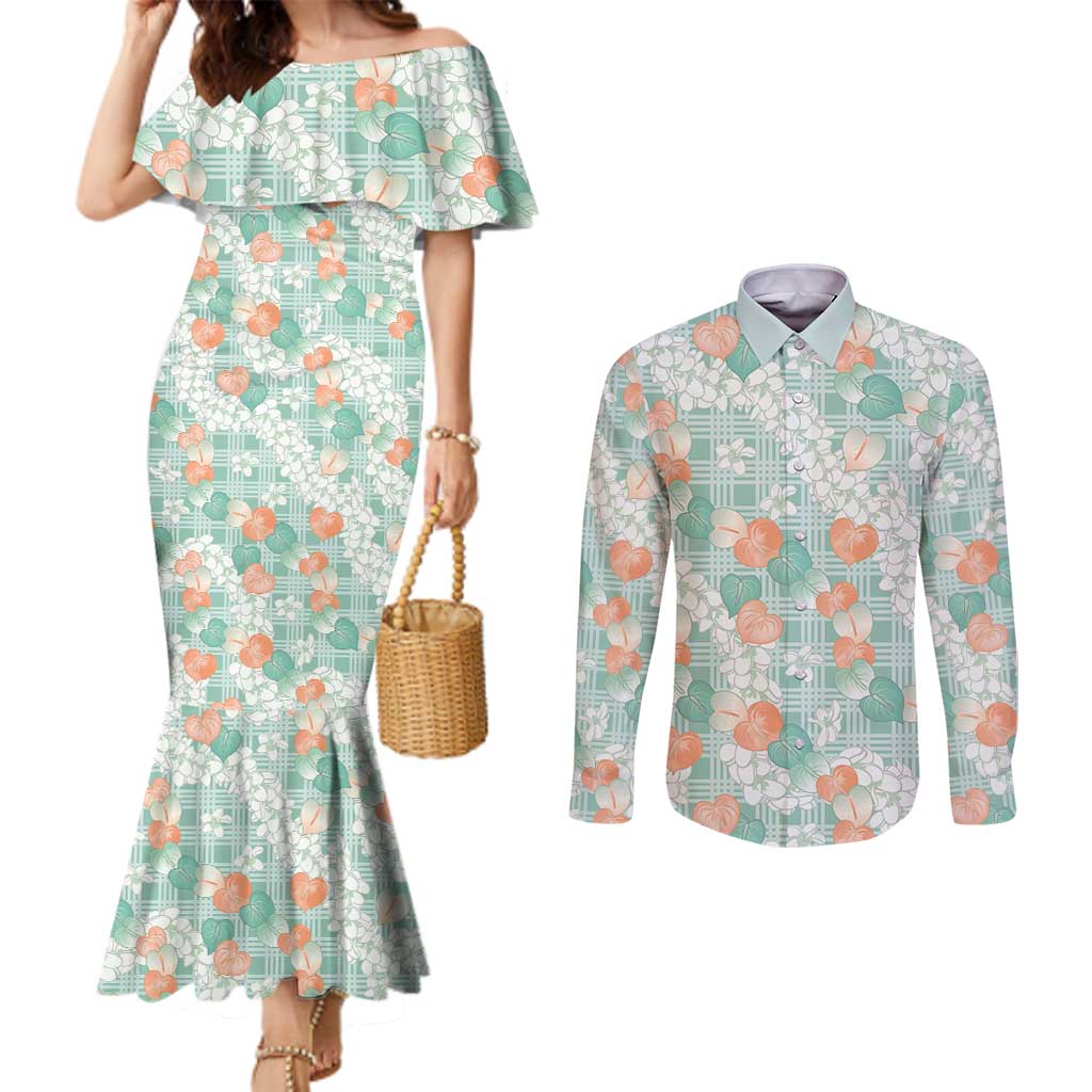 Anthurium Plumeria Lei Pastel Couples Matching Mermaid Dress and Long Sleeve Button Shirt Teal Hawaiian Splendid Palaka LT01 Teal - Polynesian Pride