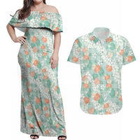 Anthurium Plumeria Lei Pastel Couples Matching Off Shoulder Maxi Dress and Hawaiian Shirt Teal Hawaiian Splendid Palaka LT01 Teal - Polynesian Pride