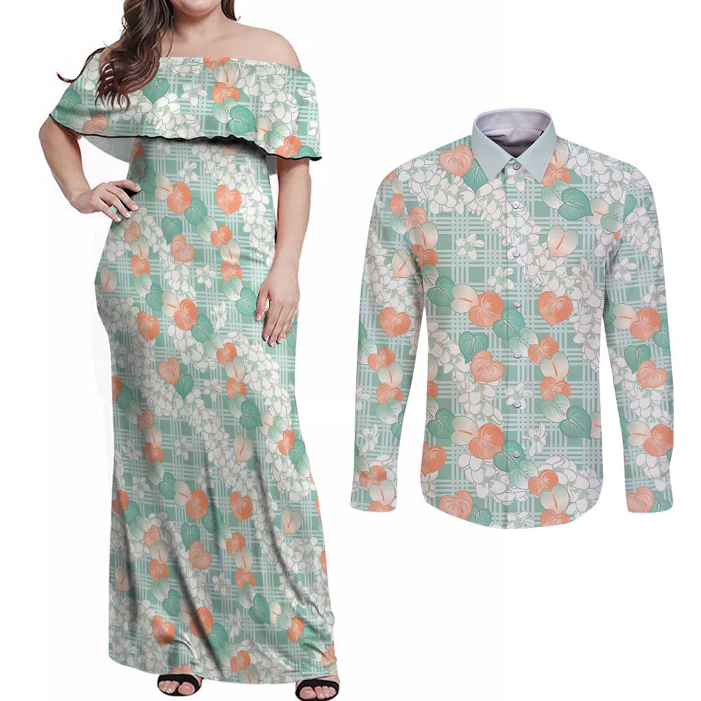 Anthurium Plumeria Lei Pastel Couples Matching Off Shoulder Maxi Dress and Long Sleeve Button Shirt Teal Hawaiian Splendid Palaka LT01 Teal - Polynesian Pride