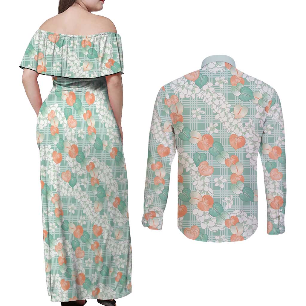 Anthurium Plumeria Lei Pastel Couples Matching Off Shoulder Maxi Dress and Long Sleeve Button Shirt Teal Hawaiian Splendid Palaka LT01 - Polynesian Pride