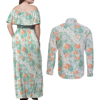Anthurium Plumeria Lei Pastel Couples Matching Off Shoulder Maxi Dress and Long Sleeve Button Shirt Teal Hawaiian Splendid Palaka LT01 - Polynesian Pride