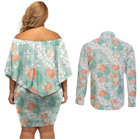 Anthurium Plumeria Lei Pastel Couples Matching Off Shoulder Short Dress and Long Sleeve Button Shirt Teal Hawaiian Splendid Palaka LT01 - Polynesian Pride