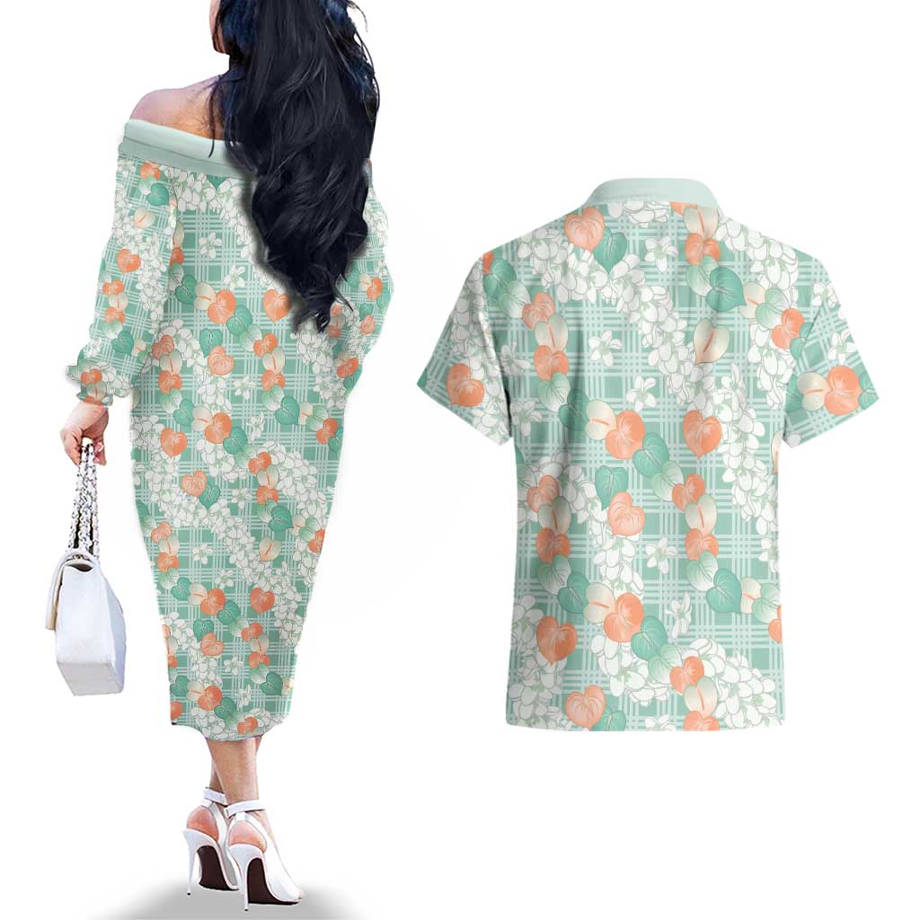 Anthurium Plumeria Lei Pastel Couples Matching Off The Shoulder Long Sleeve Dress and Hawaiian Shirt Teal Hawaiian Splendid Palaka LT01 - Polynesian Pride