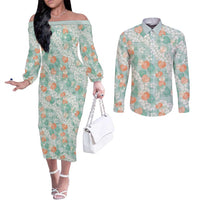 Anthurium Plumeria Lei Pastel Couples Matching Off The Shoulder Long Sleeve Dress and Long Sleeve Button Shirt Teal Hawaiian Splendid Palaka LT01 Teal - Polynesian Pride