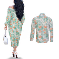 Anthurium Plumeria Lei Pastel Couples Matching Off The Shoulder Long Sleeve Dress and Long Sleeve Button Shirt Teal Hawaiian Splendid Palaka LT01 - Polynesian Pride