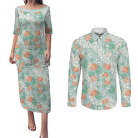 Anthurium Plumeria Lei Pastel Couples Matching Puletasi and Long Sleeve Button Shirt Teal Hawaiian Splendid Palaka