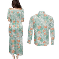 Anthurium Plumeria Lei Pastel Couples Matching Puletasi and Long Sleeve Button Shirt Teal Hawaiian Splendid Palaka