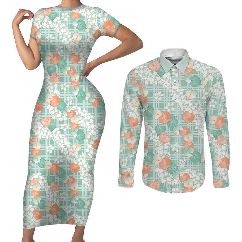 Anthurium Plumeria Lei Pastel Couples Matching Short Sleeve Bodycon Dress and Long Sleeve Button Shirt Teal Hawaiian Splendid Palaka LT01 Teal - Polynesian Pride