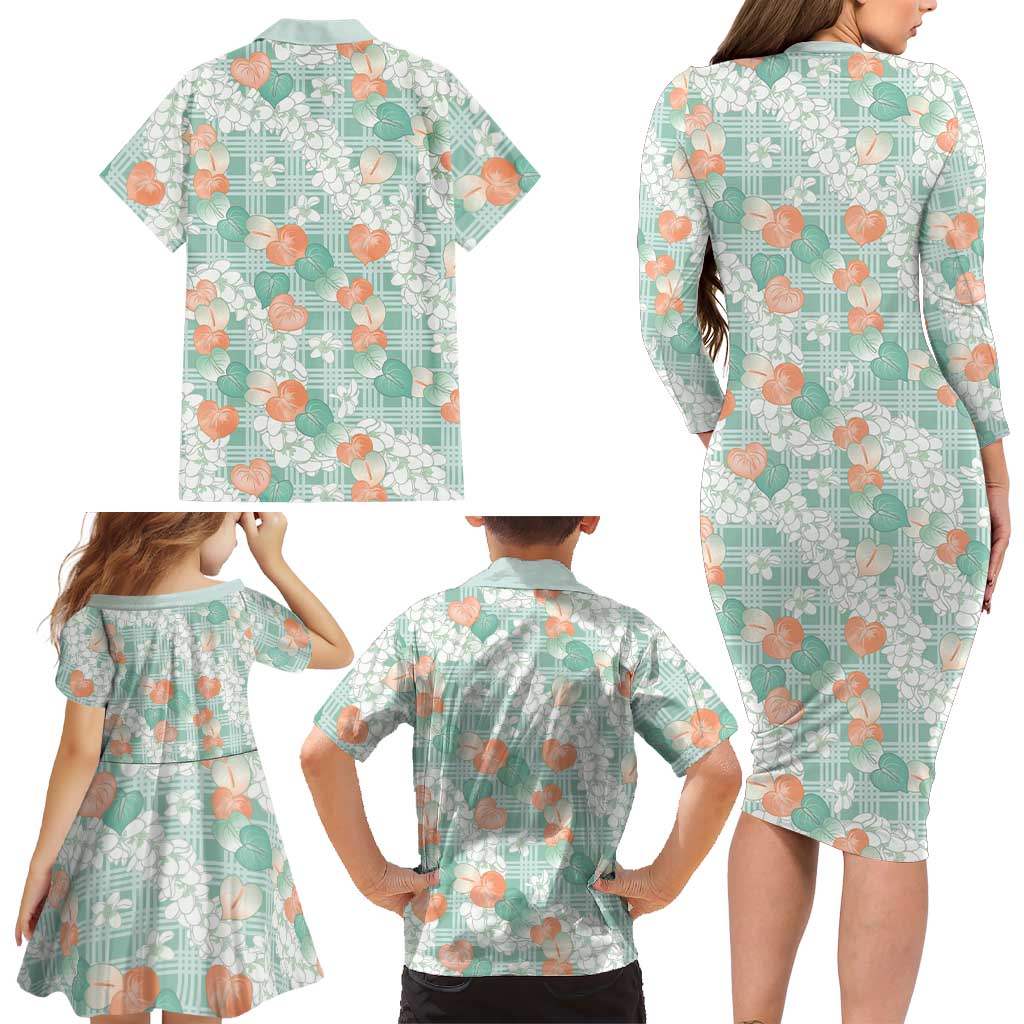 Anthurium Plumeria Lei Pastel Family Matching Long Sleeve Bodycon Dress and Hawaiian Shirt Teal Hawaiian Splendid Palaka LT01 - Polynesian Pride