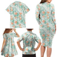Anthurium Plumeria Lei Pastel Family Matching Long Sleeve Bodycon Dress and Hawaiian Shirt Teal Hawaiian Splendid Palaka LT01 - Polynesian Pride