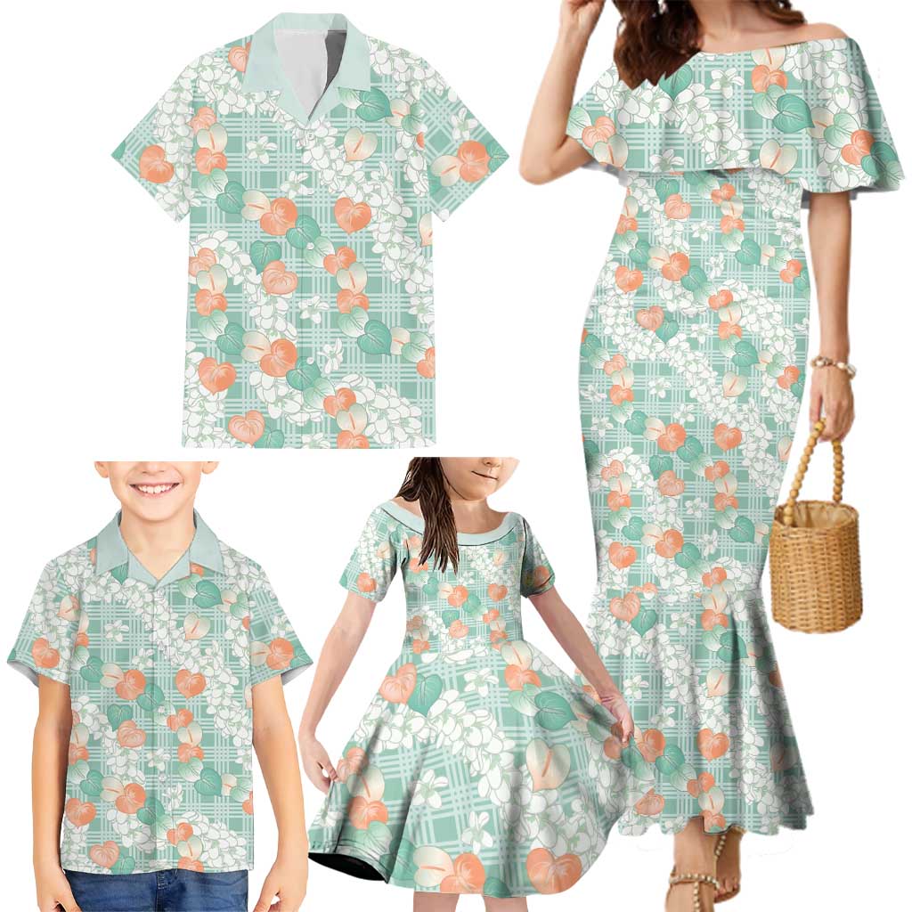 Anthurium Plumeria Lei Pastel Family Matching Mermaid Dress and Hawaiian Shirt Teal Hawaiian Splendid Palaka LT01 - Polynesian Pride