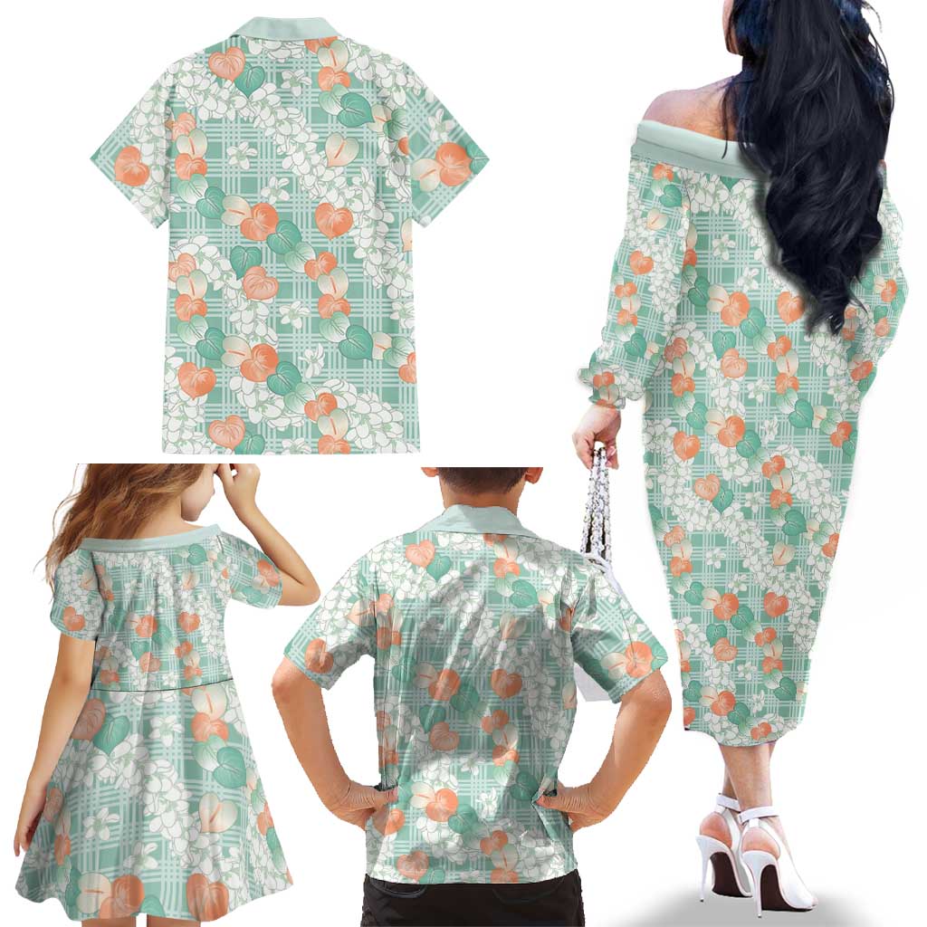 Anthurium Plumeria Lei Pastel Family Matching Off The Shoulder Long Sleeve Dress and Hawaiian Shirt Teal Hawaiian Splendid Palaka LT01 - Polynesian Pride