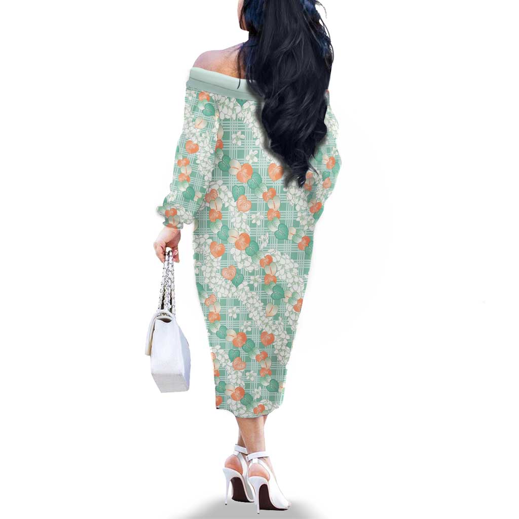 Anthurium Plumeria Lei Pastel Family Matching Off The Shoulder Long Sleeve Dress and Hawaiian Shirt Teal Hawaiian Splendid Palaka LT01 - Polynesian Pride