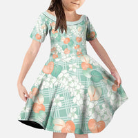 Anthurium Plumeria Lei Pastel Family Matching Off Shoulder Maxi Dress and Hawaiian Shirt Teal Hawaiian Splendid Palaka LT01 Daughter's Dress Teal - Polynesian Pride