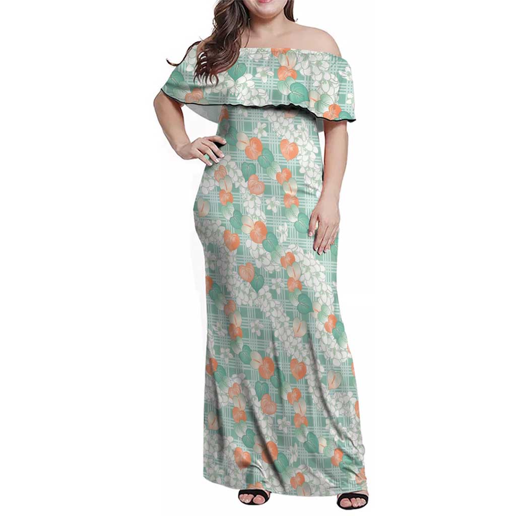 Anthurium Plumeria Lei Pastel Family Matching Off Shoulder Maxi Dress and Hawaiian Shirt Teal Hawaiian Splendid Palaka LT01 Mom's Dress Teal - Polynesian Pride