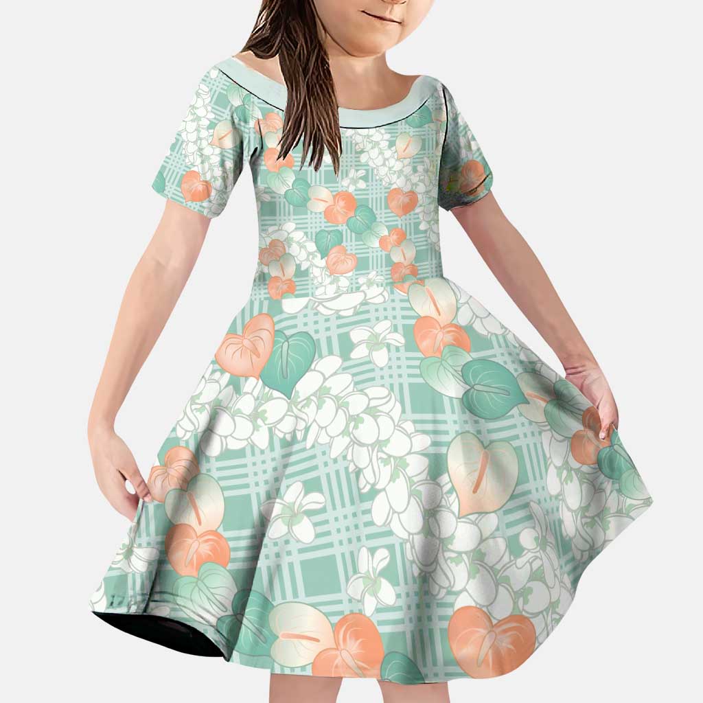 Anthurium Plumeria Lei Pastel Family Matching Off Shoulder Short Dress and Hawaiian Shirt Teal Hawaiian Splendid Palaka LT01 Daughter's Dress Teal - Polynesian Pride