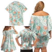 Anthurium Plumeria Lei Pastel Family Matching Off Shoulder Short Dress and Hawaiian Shirt Teal Hawaiian Splendid Palaka LT01 - Polynesian Pride