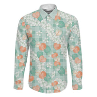 Anthurium Plumeria Lei Pastel Family Matching Off Shoulder Short Dress and Hawaiian Shirt Teal Hawaiian Splendid Palaka LT01 Dad's Shirt - Long Sleeve Teal - Polynesian Pride