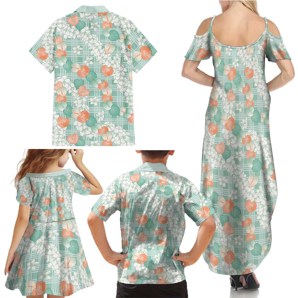 Anthurium Plumeria Lei Pastel Family Matching Summer Maxi Dress and Hawaiian Shirt Teal Hawaiian Splendid Palaka LT01 - Polynesian Pride