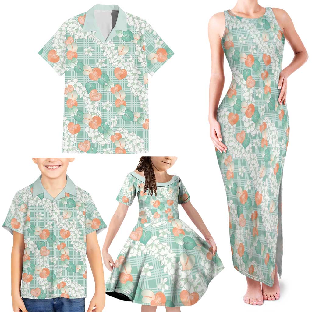 Anthurium Plumeria Lei Pastel Family Matching Tank Maxi Dress and Hawaiian Shirt Teal Hawaiian Splendid Palaka LT01 - Polynesian Pride
