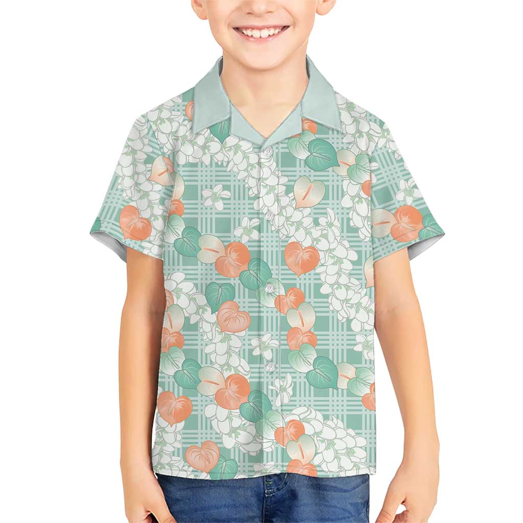 Anthurium Plumeria Lei Pastel Kid Hawaiian Shirt Teal Hawaiian Splendid Palaka LT01 Kid Teal - Polynesian Pride