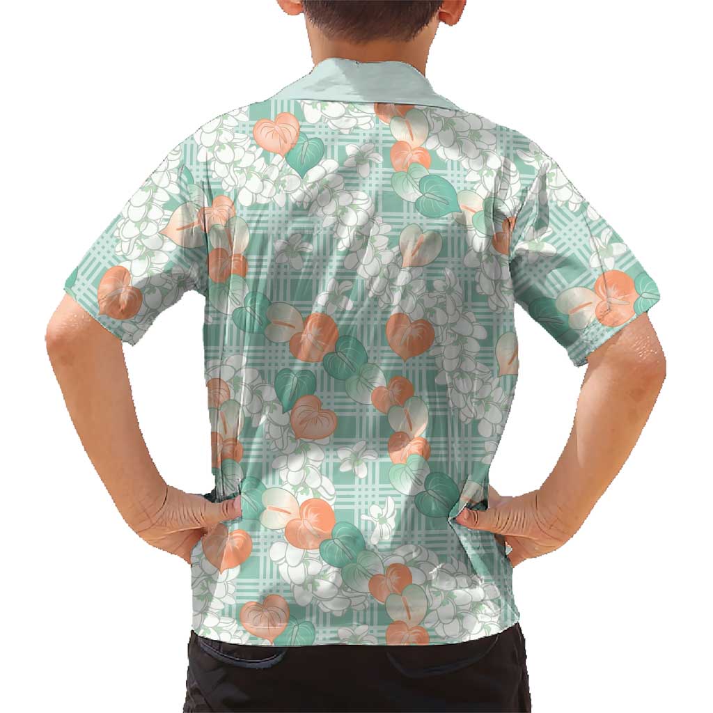 Anthurium Plumeria Lei Pastel Kid Hawaiian Shirt Teal Hawaiian Splendid Palaka LT01 - Polynesian Pride