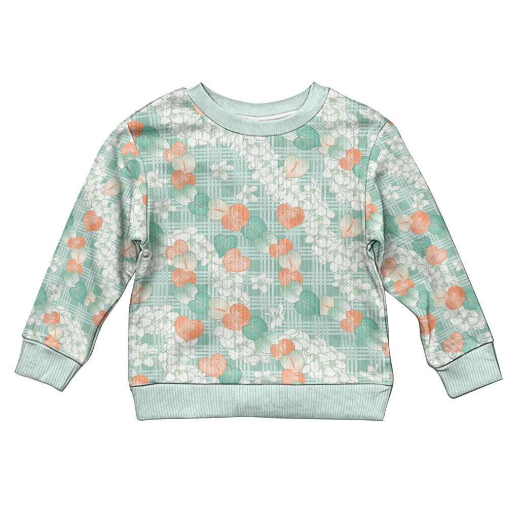 Anthurium Plumeria Lei Pastel Kid Ugly Christmas Sweater Teal Hawaiian Splendid Palaka LT01 Kid Teal - Polynesian Pride