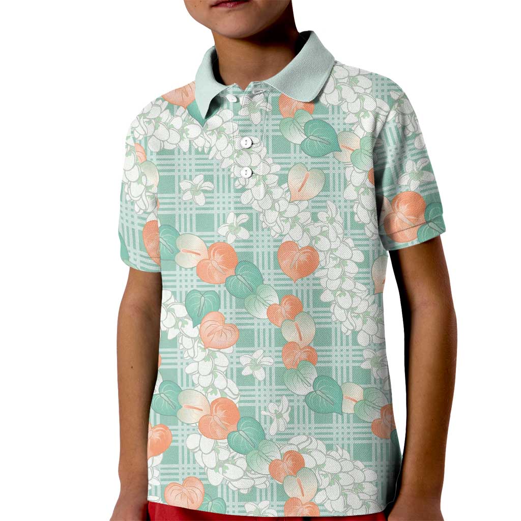 Anthurium Plumeria Lei Pastel Kid Polo Shirt Teal Hawaiian Splendid Palaka