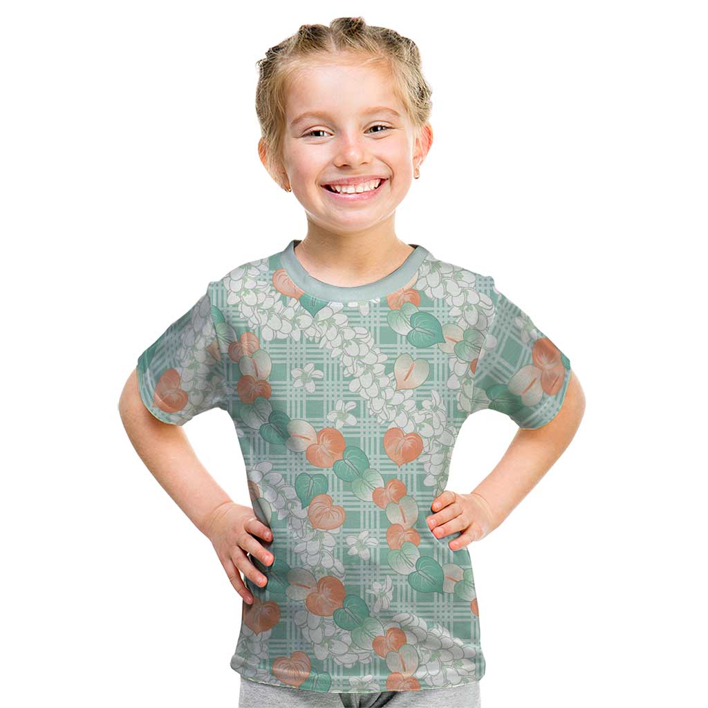 Anthurium Plumeria Lei Pastel Kid T Shirt Teal Hawaiian Splendid Palaka LT01 Teal - Polynesian Pride