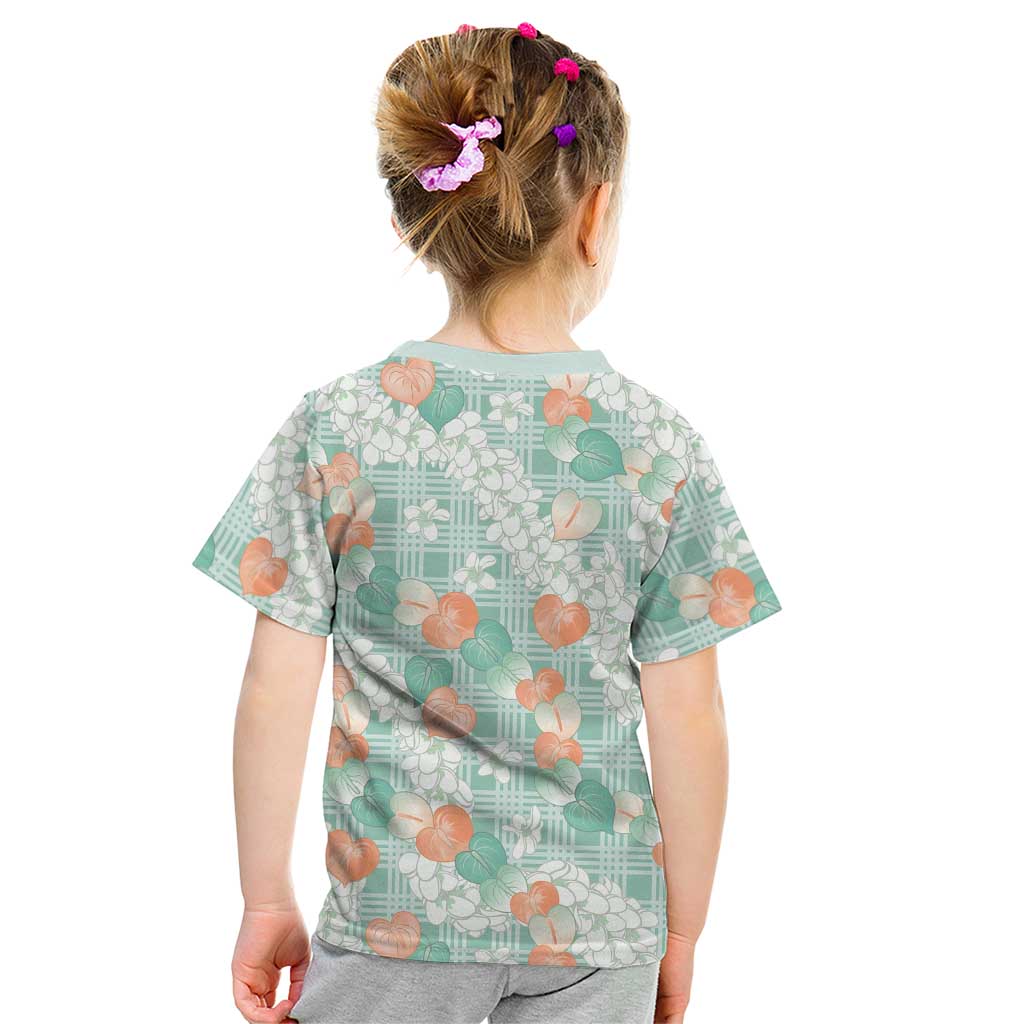 Anthurium Plumeria Lei Pastel Kid T Shirt Teal Hawaiian Splendid Palaka LT01 - Polynesian Pride