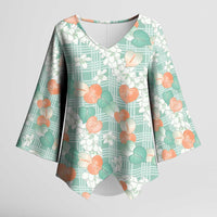 Anthurium Plumeria Lei Pastel Kimono Sleeve Blouse Teal Hawaiian Splendid Palaka