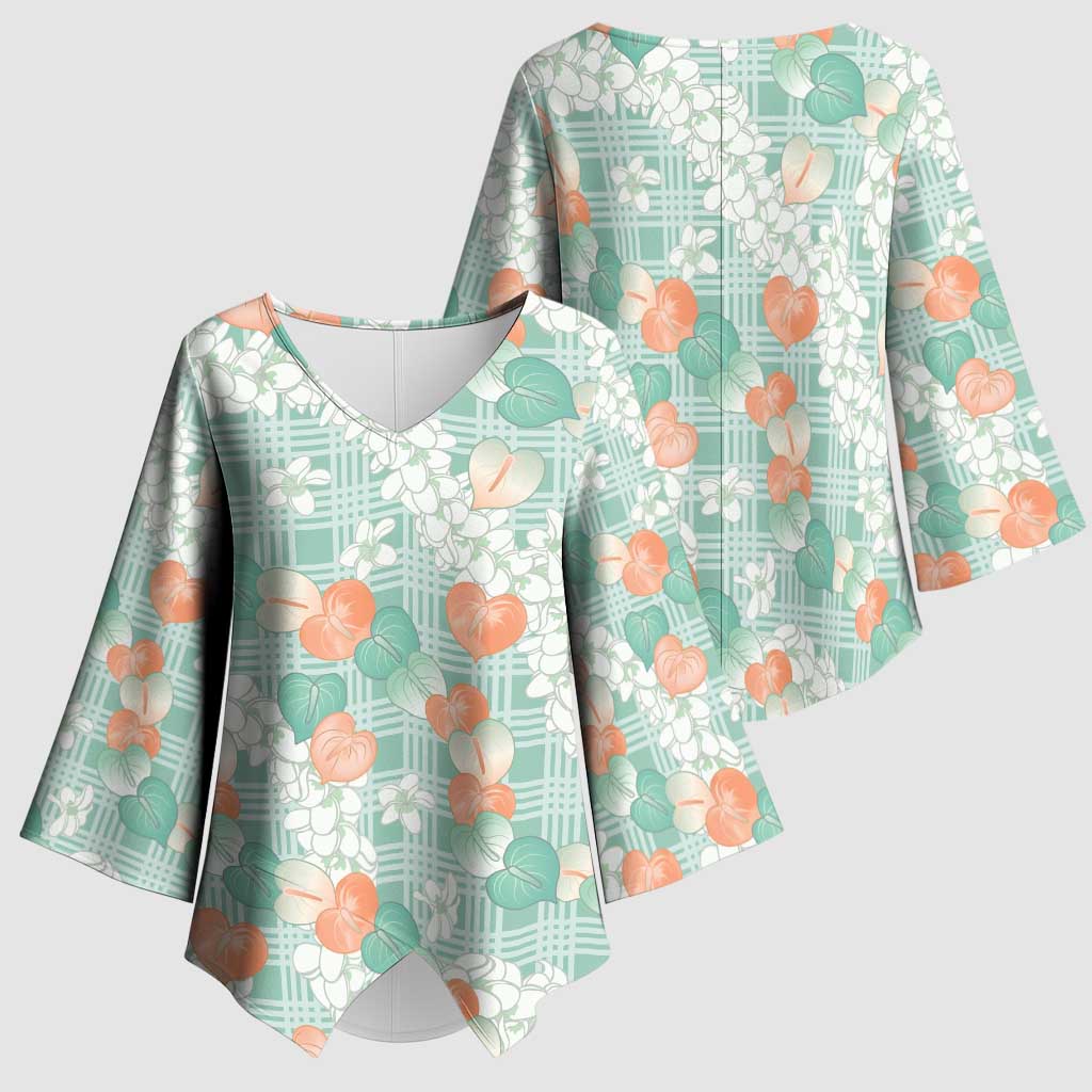 Anthurium Plumeria Lei Pastel Kimono Sleeve Blouse Teal Hawaiian Splendid Palaka