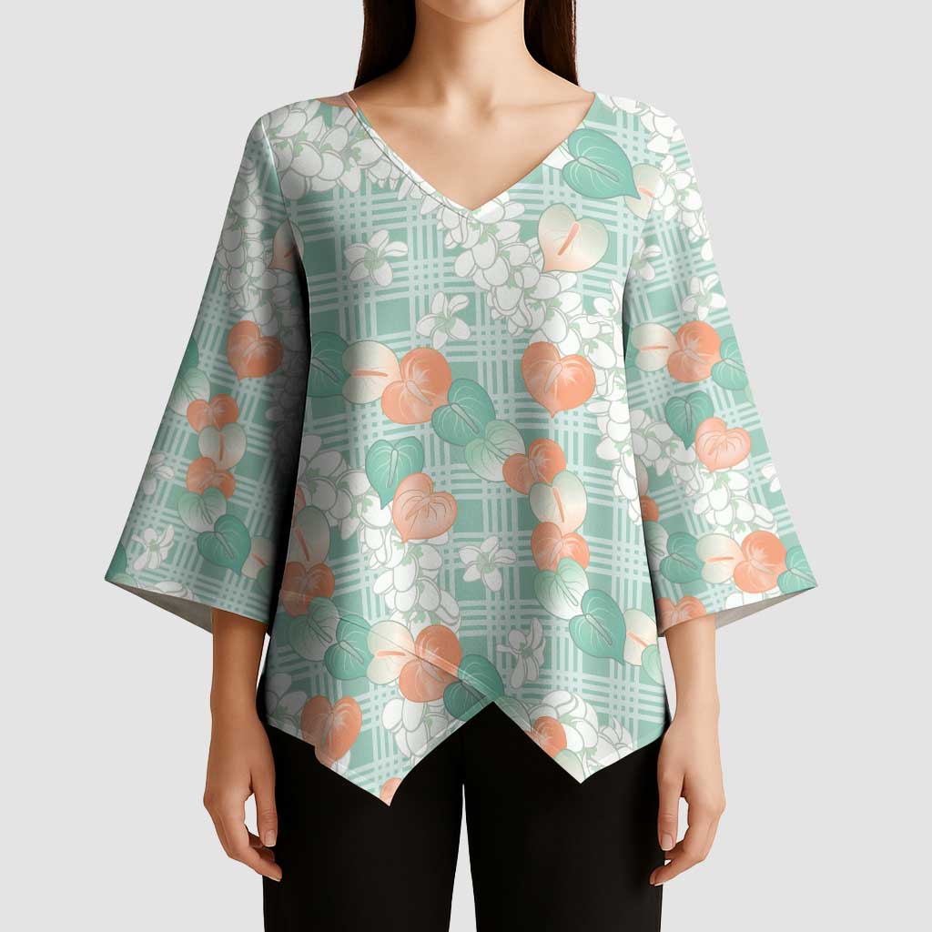 Anthurium Plumeria Lei Pastel Kimono Sleeve Blouse Teal Hawaiian Splendid Palaka