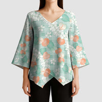Anthurium Plumeria Lei Pastel Kimono Sleeve Blouse Teal Hawaiian Splendid Palaka