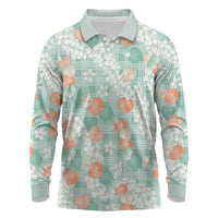 Anthurium Plumeria Lei Pastel Long Sleeve Polo Shirt Teal Hawaiian Splendid Palaka
