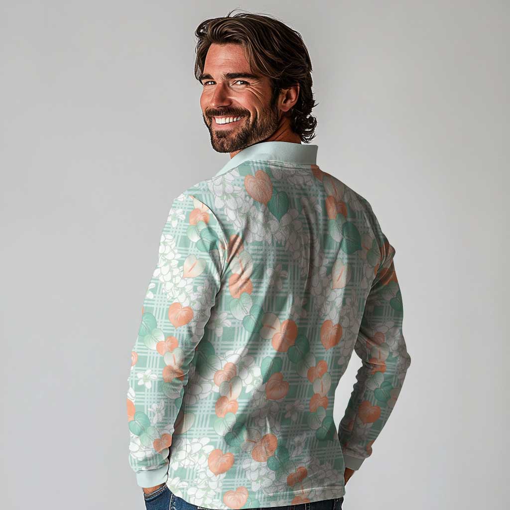 Anthurium Plumeria Lei Pastel Long Sleeve Polo Shirt Teal Hawaiian Splendid Palaka