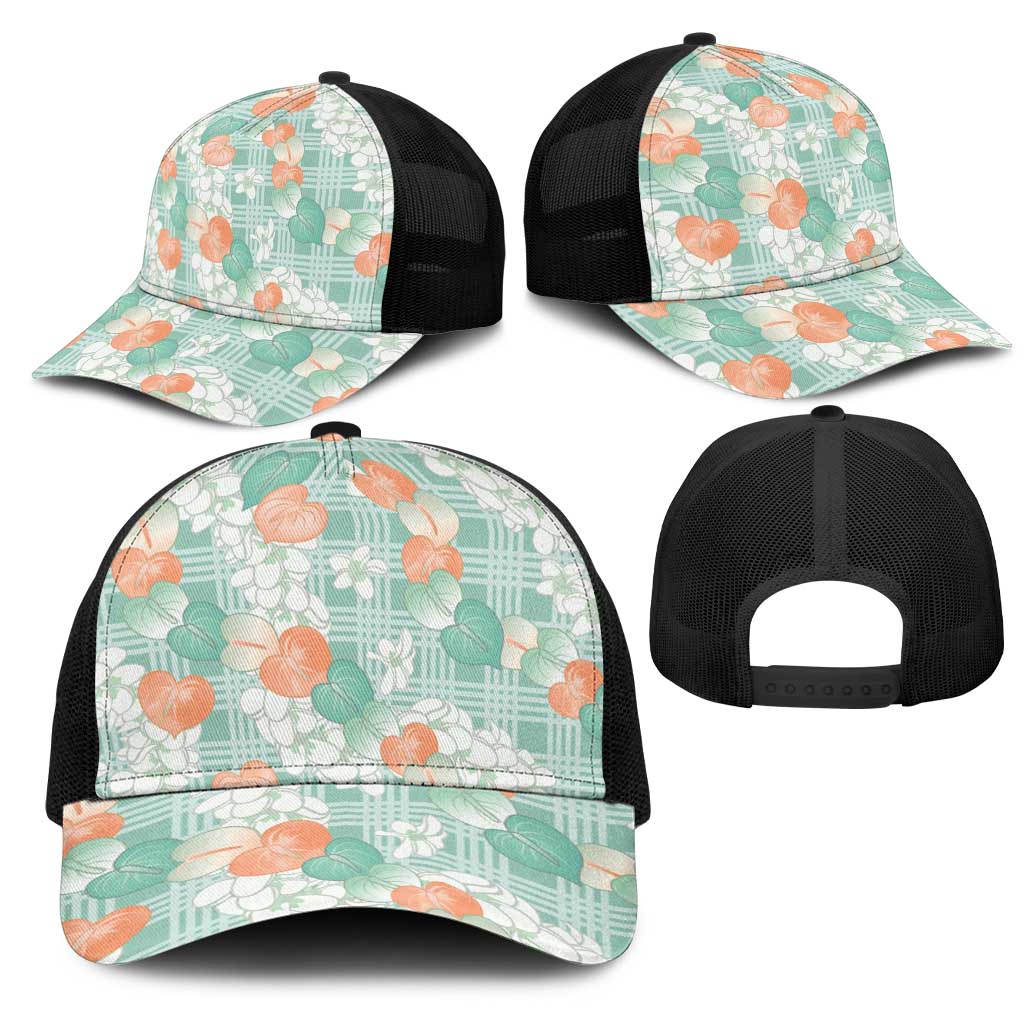 Anthurium Plumeria Lei Pastel Mesh Trucker Cap Teal Hawaiian Splendid Palaka