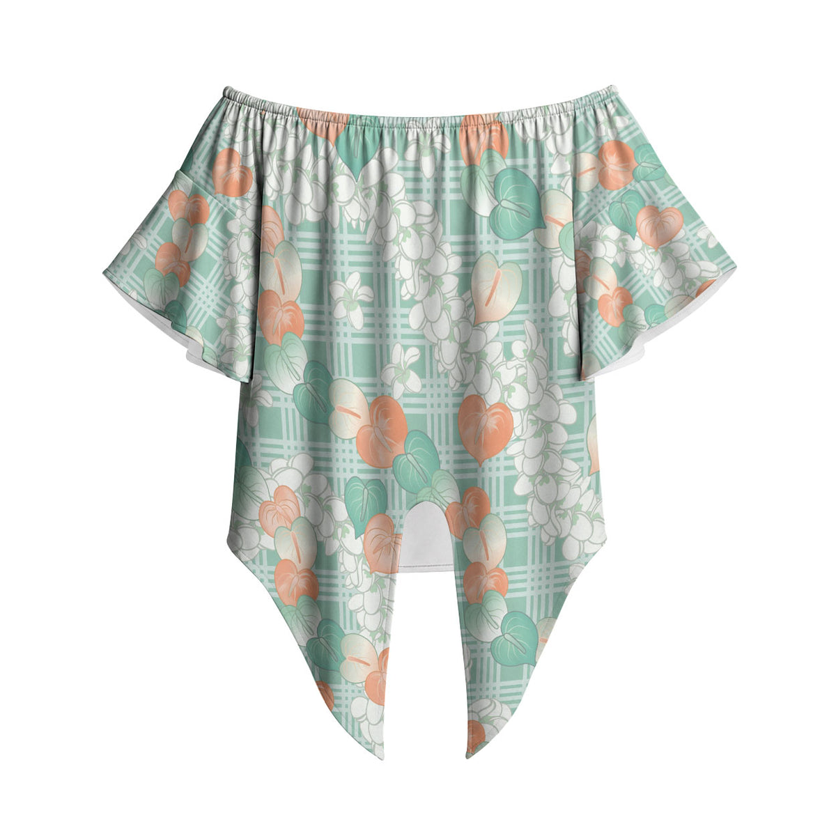 Anthurium Plumeria Lei Pastel Off Shoulder Wrap Waist Top Teal Hawaiian Splendid Palaka LT01 Teal - Polynesian Pride