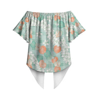 Anthurium Plumeria Lei Pastel Off Shoulder Wrap Waist Top Teal Hawaiian Splendid Palaka LT01 - Polynesian Pride