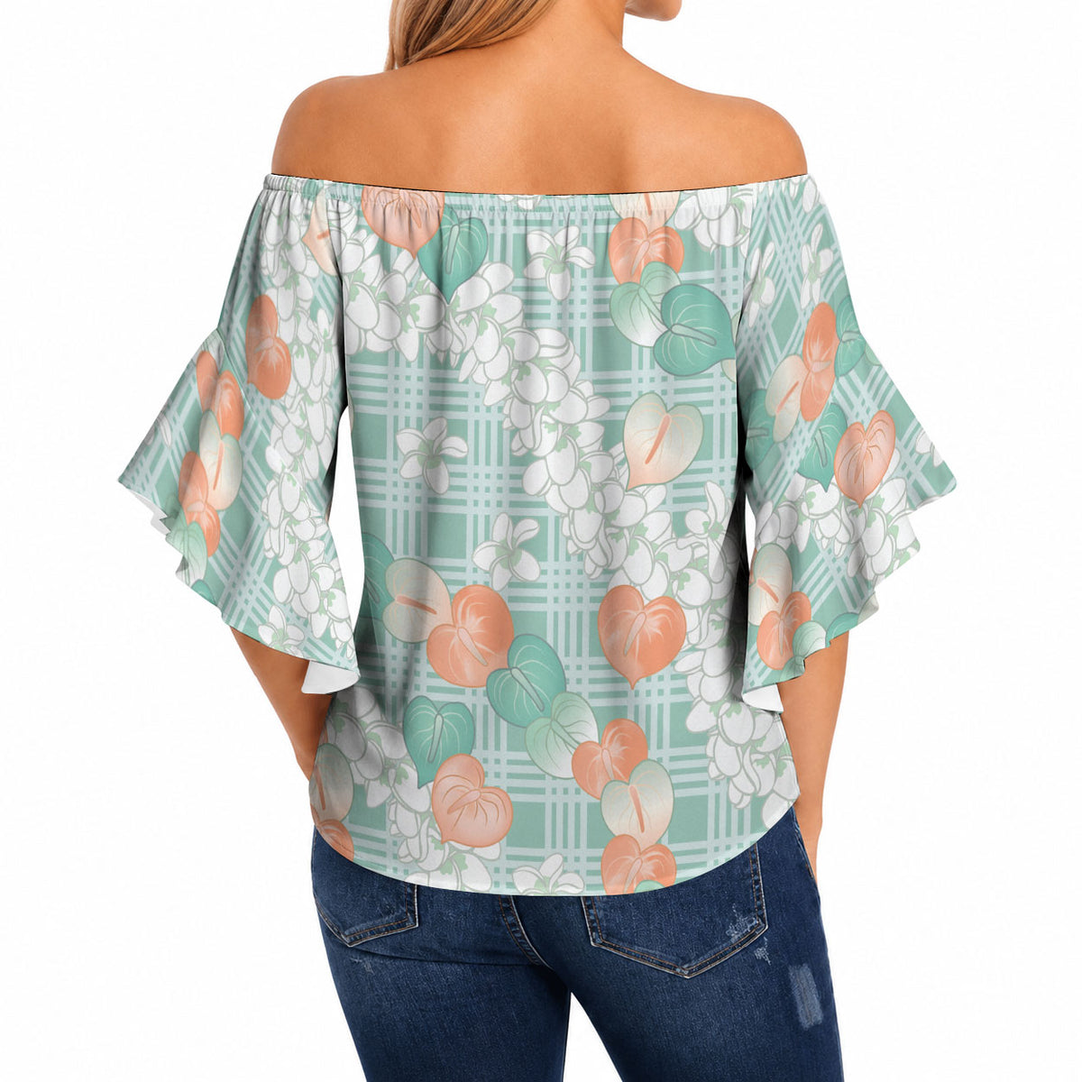 Anthurium Plumeria Lei Pastel Off Shoulder Wrap Waist Top Teal Hawaiian Splendid Palaka LT01 - Polynesian Pride