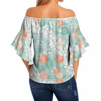 Anthurium Plumeria Lei Pastel Off Shoulder Wrap Waist Top Teal Hawaiian Splendid Palaka LT01 - Polynesian Pride