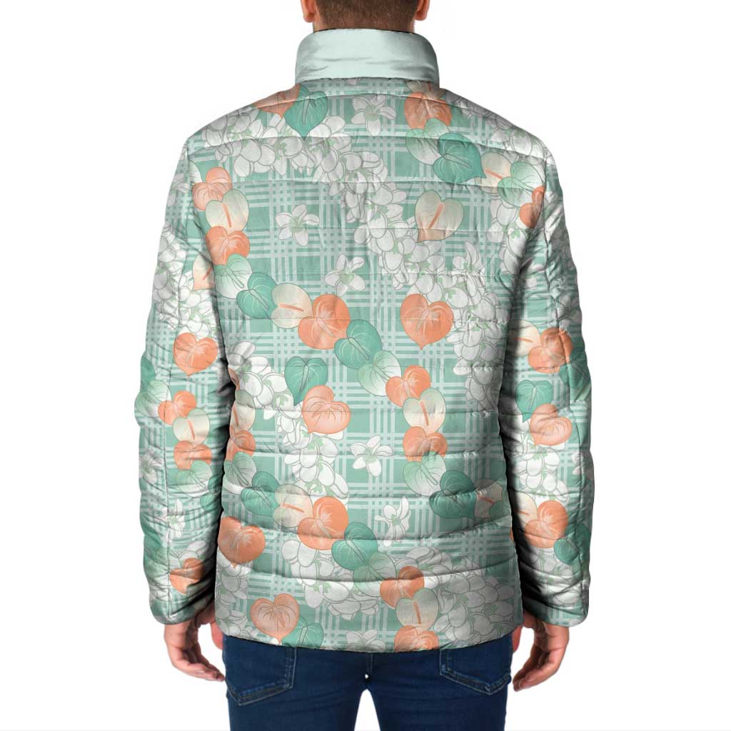 Anthurium Plumeria Lei Pastel Padded Jacket Teal Hawaiian Splendid Palaka