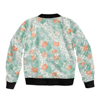 Anthurium Plumeria Lei Pastel Sleeve Zip Bomber Jacket Teal Hawaiian Splendid Palaka