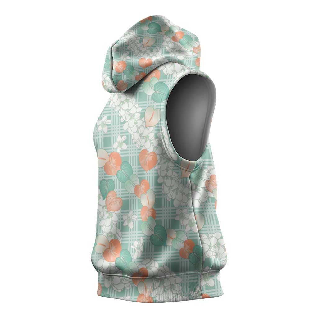 Anthurium Plumeria Lei Pastel Sleeveless Hoodie Teal Hawaiian Splendid Palaka
