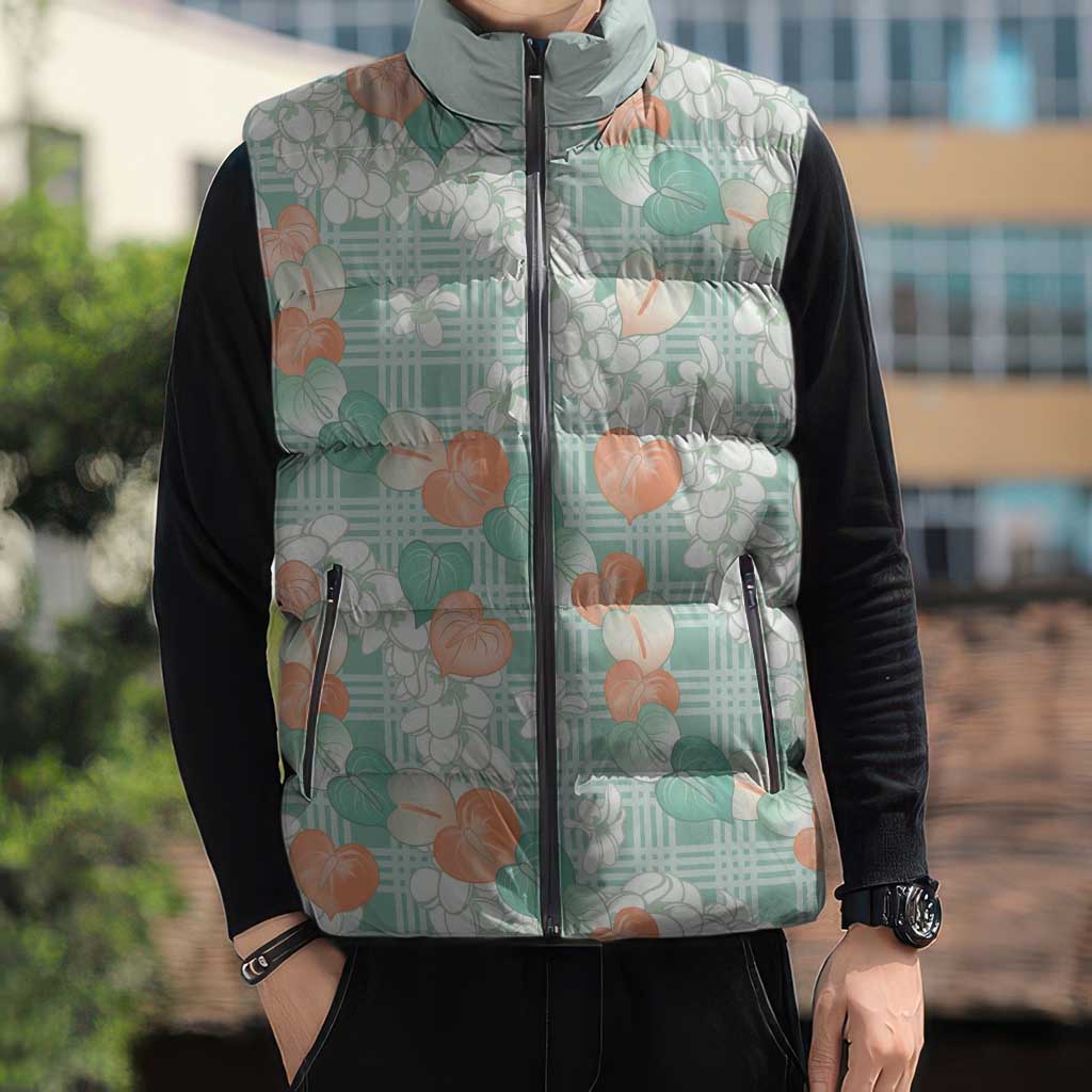 Anthurium Plumeria Lei Pastel Sleeveless Puffer Jacket Teal Hawaiian Splendid Palaka LT01 - Polynesian Pride