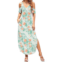 Anthurium Plumeria Lei Pastel Summer Maxi Dress Teal Hawaiian Splendid Palaka LT01 Women Teal - Polynesian Pride