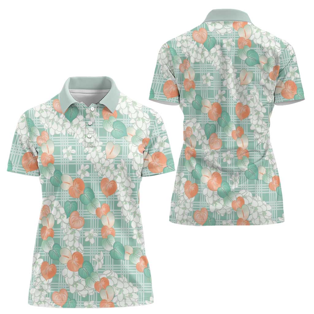 Anthurium Plumeria Lei Pastel Women Polo Shirt Teal Hawaiian Splendid Palaka